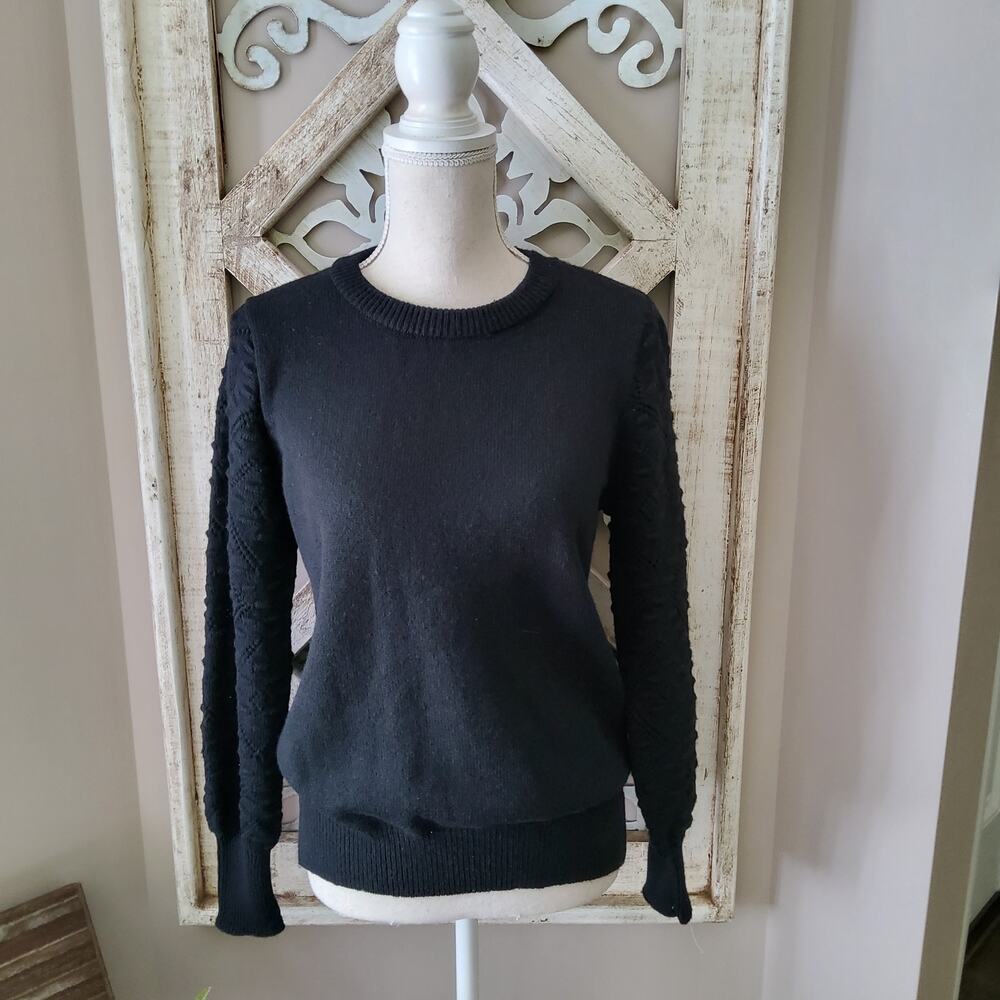 Nanette Lepore Women's Pointelle Long Sleeve Textured Knit Sweater Black Medium